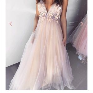 Pink Tulle Prom Dress with Floral Appliqués